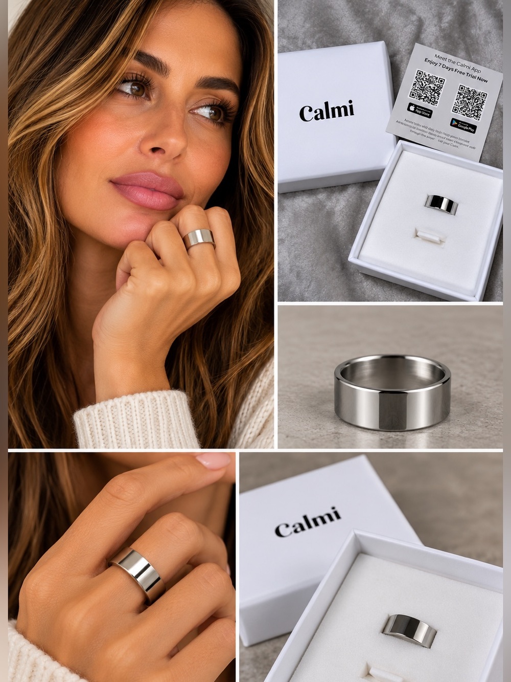 Calmi Silver Magnetic Acupressure Wellness Ring Adjustable Stress Relief. New!